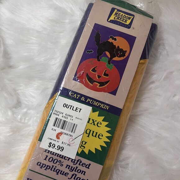 Vntg 2001 Halloween Cat & Pumpkin 28x40 Appliqué Flag Meadow Creek NWT - Picture 1 of 5